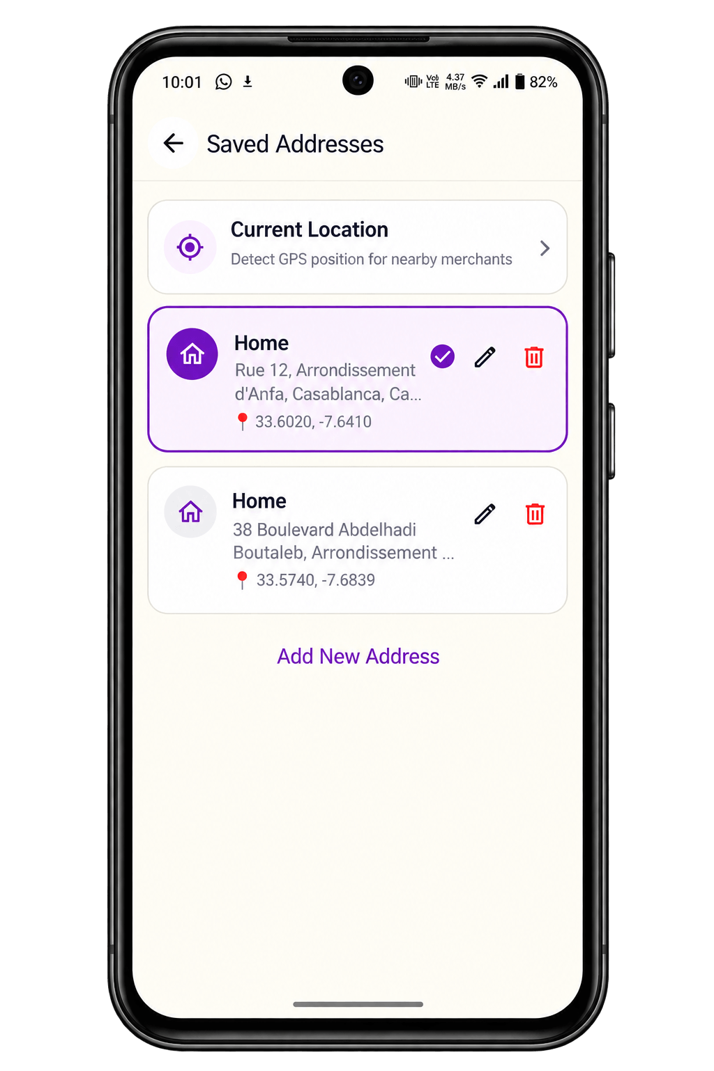 Saved Addresses Mobile UI Mockup