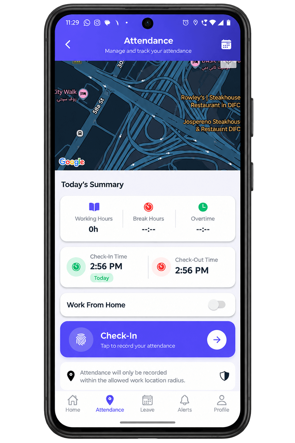 Attendance app screen and monthly summary